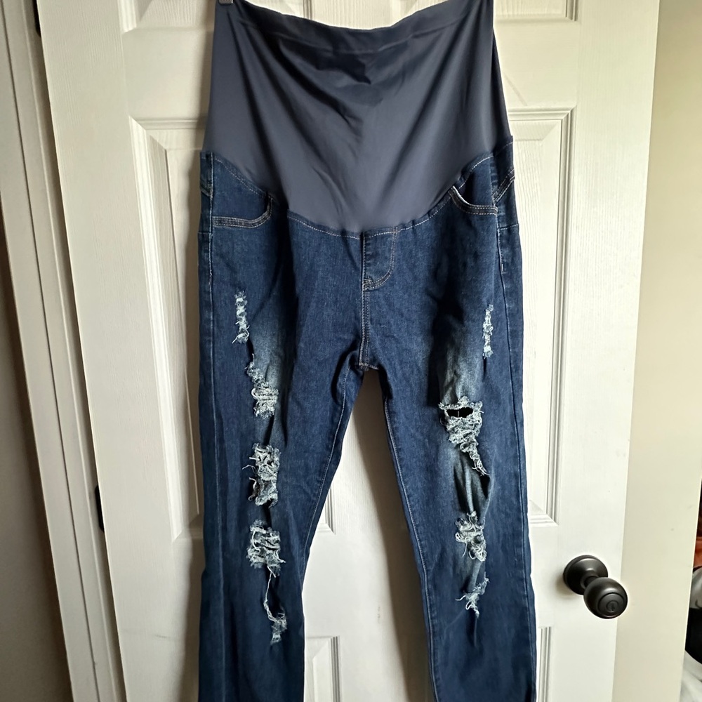 Maacie Women Maternity Scratched Jeans High Waist Denim Pants XL